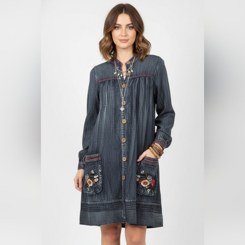 Keer Qiaowa Blue Embroidered Tunic Chambray Blouse Boho Weathered Festival L